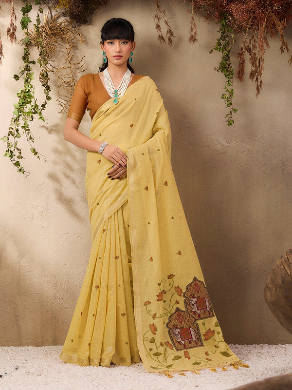 Pale Yellow Munga Cotton Saree