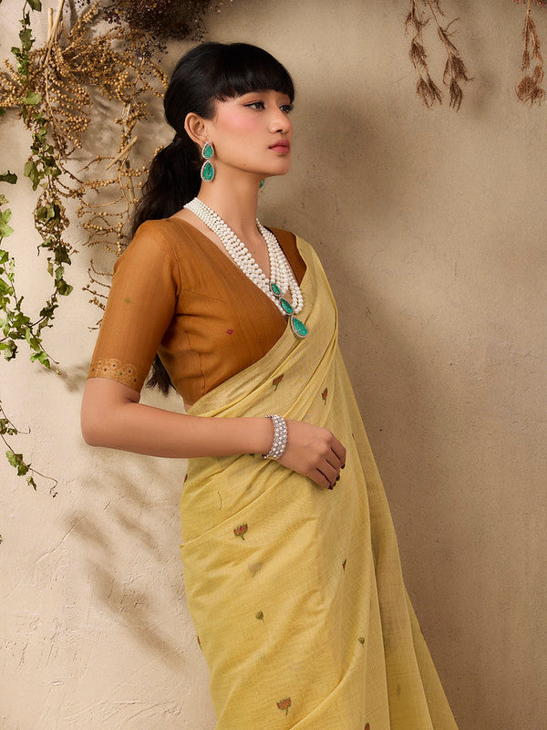 Pale Yellow Munga Cotton Saree