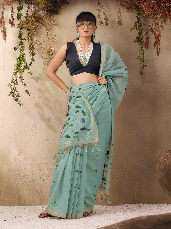 Misty Sea Green Munga Cotton Saree