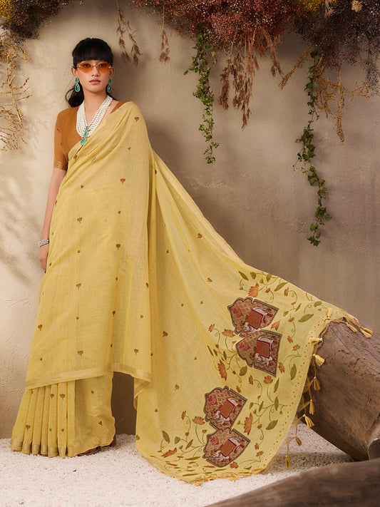 Pale Yellow Munga Cotton Saree