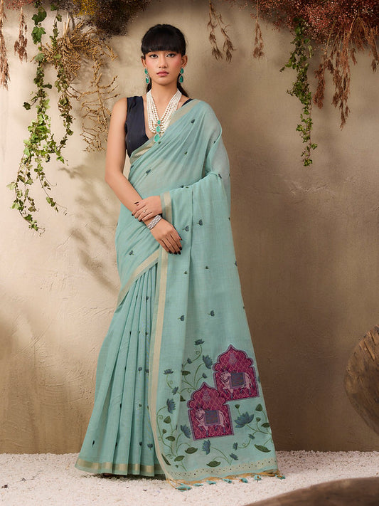 Misty Sea Green Munga Cotton Saree