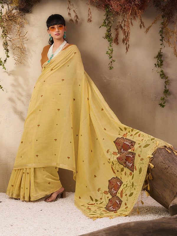 Pale Yellow Munga Cotton Saree