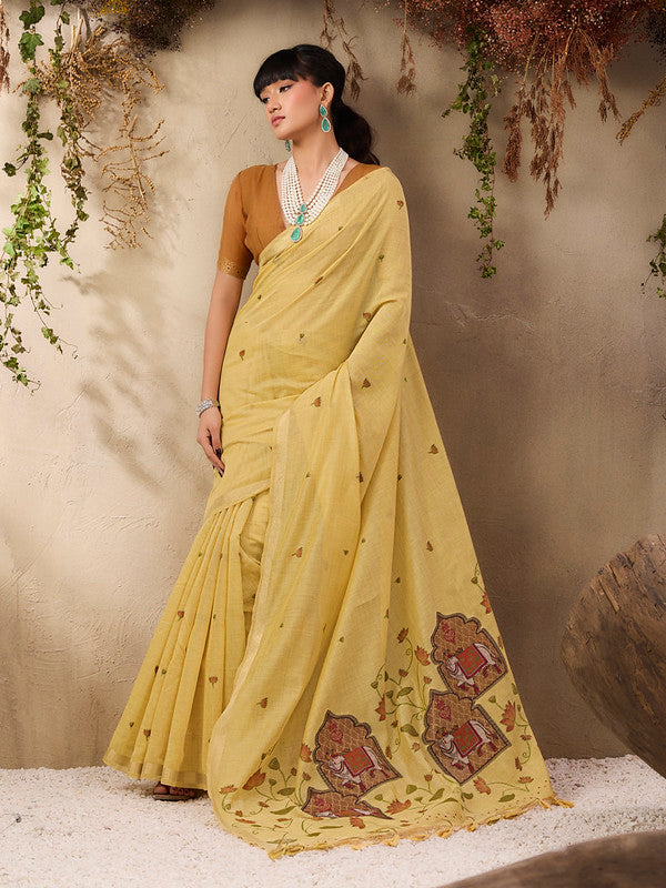 Pale Yellow Munga Cotton Saree