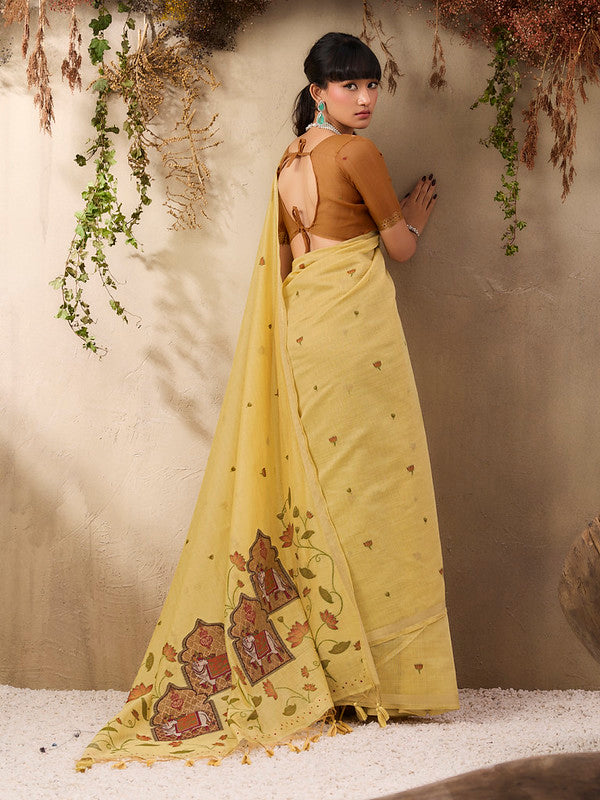 Pale Yellow Munga Cotton Saree