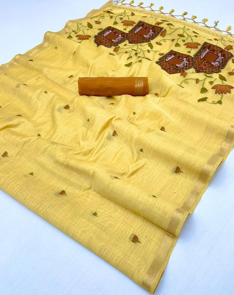 Pale Yellow Munga Cotton Saree