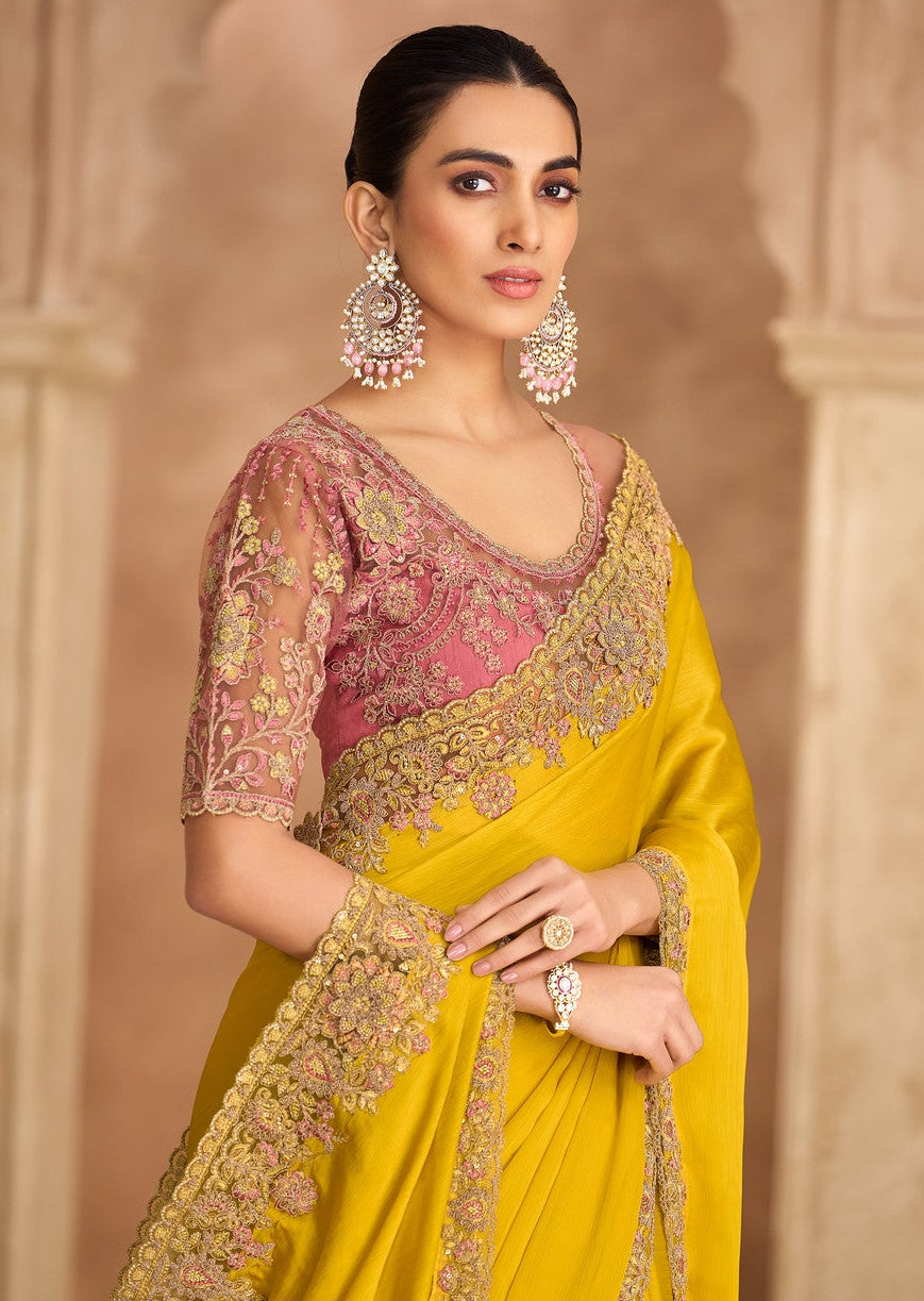 STORI Yellow Chiffon Partywear Saree 