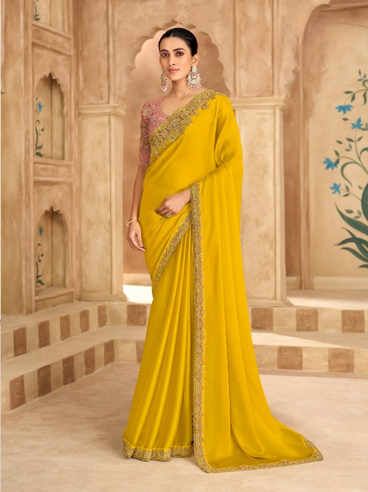 STORI Yellow Chiffon Partywear Saree 
