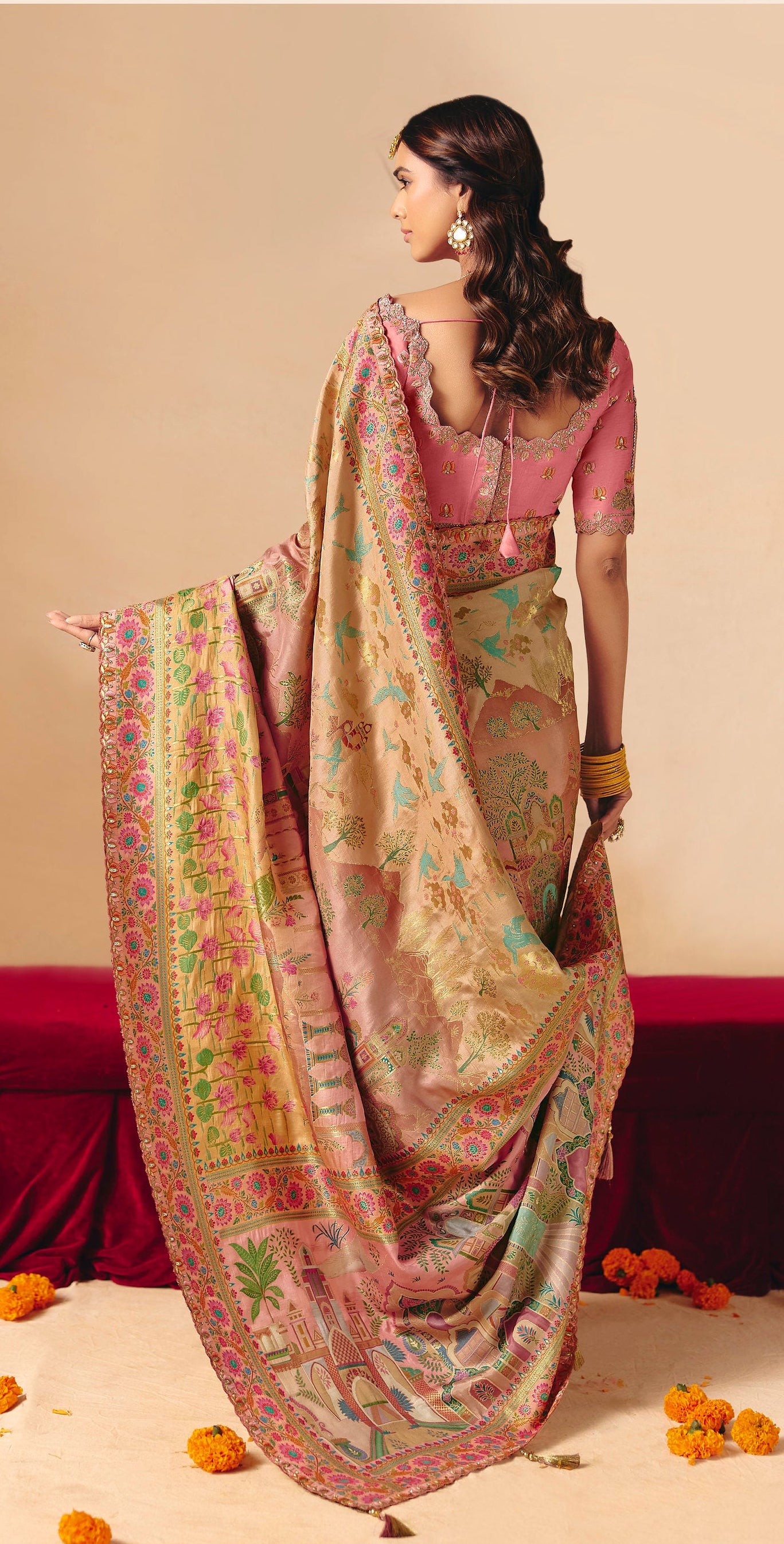 Blush Pink & Beige Woven Banarasi Silk Saree