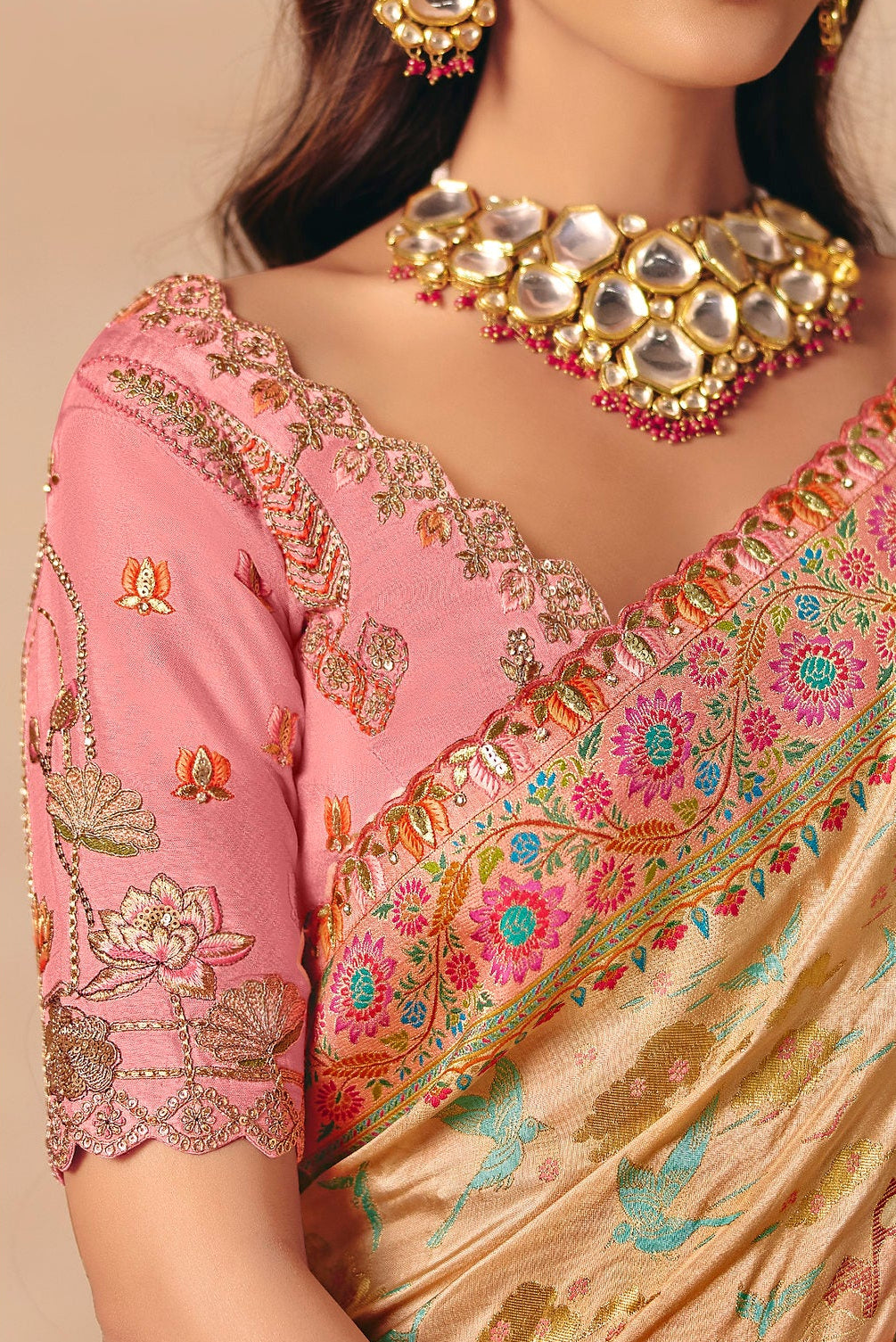 Blush Pink & Beige Woven Banarasi Silk Saree
