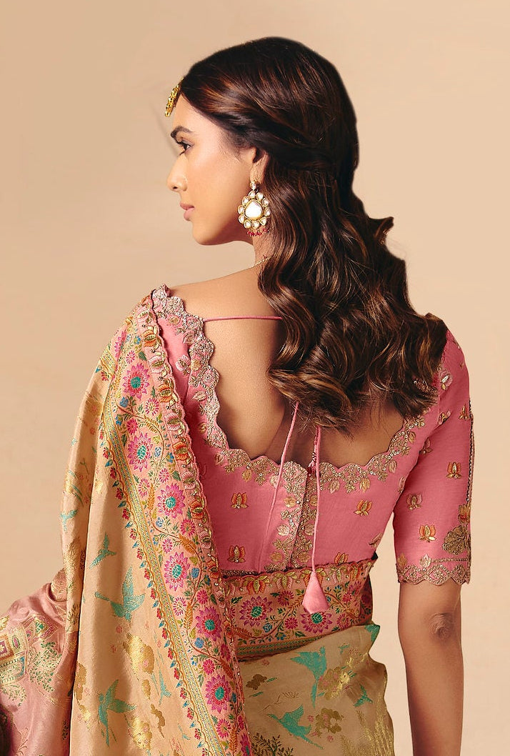 Blush Pink & Beige Woven Banarasi Silk Saree