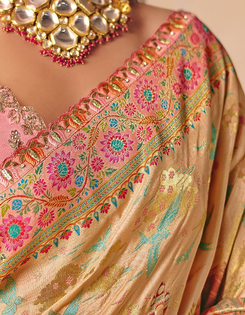 Blush Pink & Beige Woven Banarasi Silk Saree