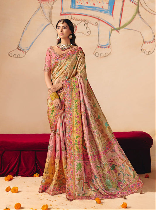 Blush Pink & Beige Woven Banarasi Silk Saree