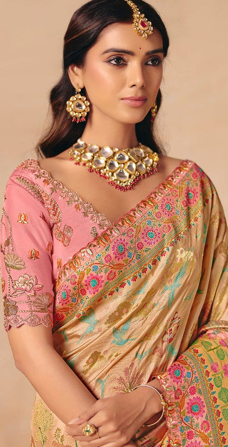 Blush Pink & Beige Woven Banarasi Silk Saree