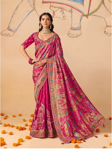 STORI Red Pink  Woven Banarasi Silk Saree