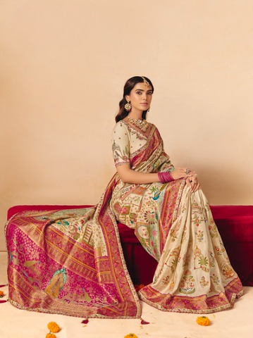 STORI Cream Woven Banarasi Silk Saree