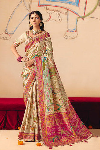 STORI Cream Woven Banarasi Silk Saree