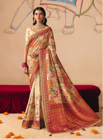 STORI Cream Woven Banarasi Silk Saree