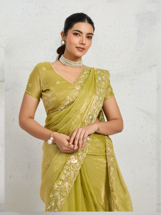 Olive Green Tissue Silk Saree
