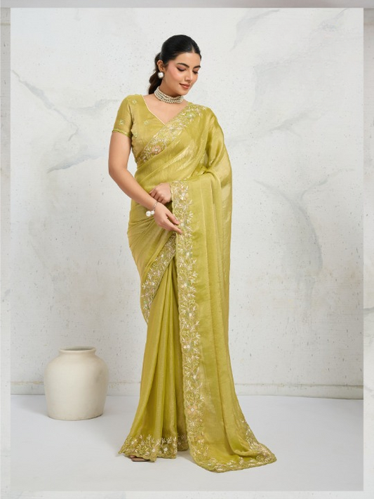 Olive Green Tissue Silk Saree