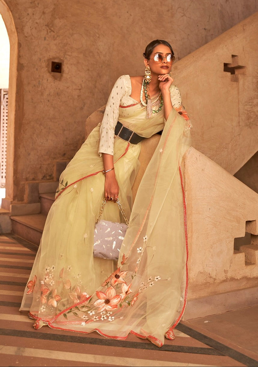 Butter Yellow Floral Organza Silk Saree
