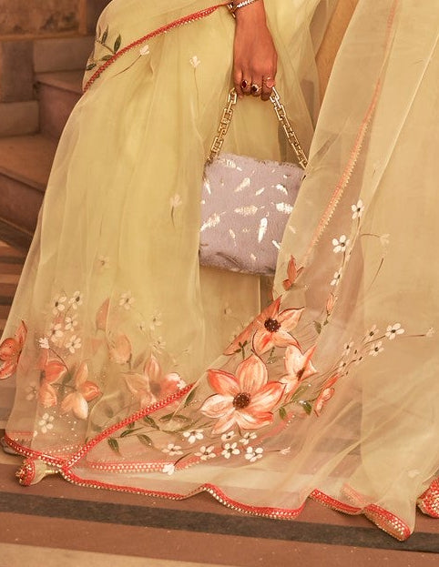 Butter Yellow Floral Organza Silk Saree