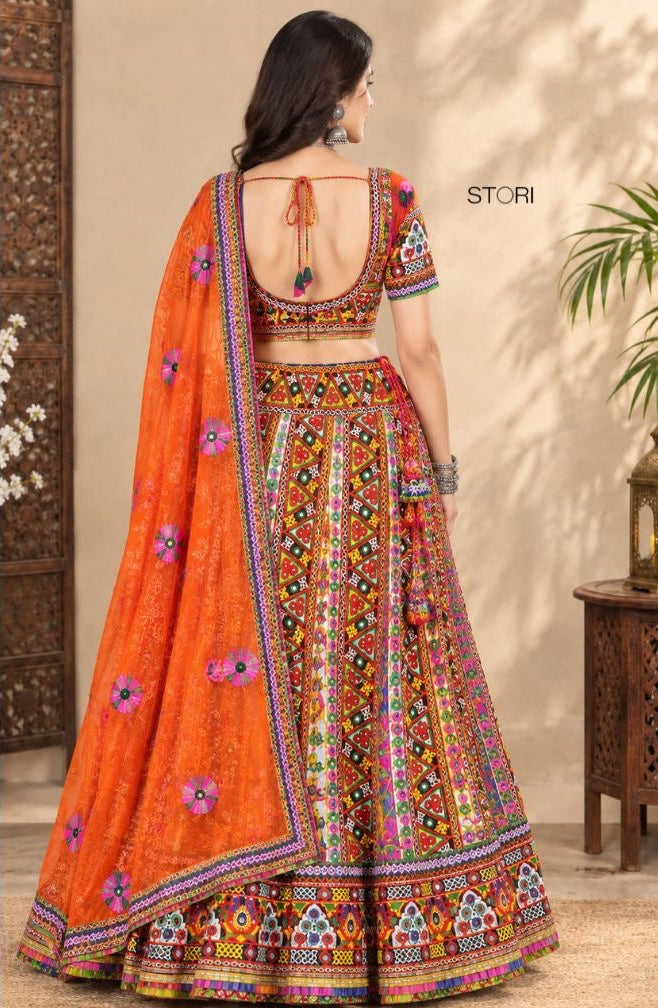Orange Heavy embroidery Kali pattern Lehenga Choli Set