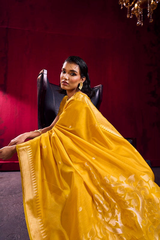STORI Mustard Yellow Soft Silk Saree