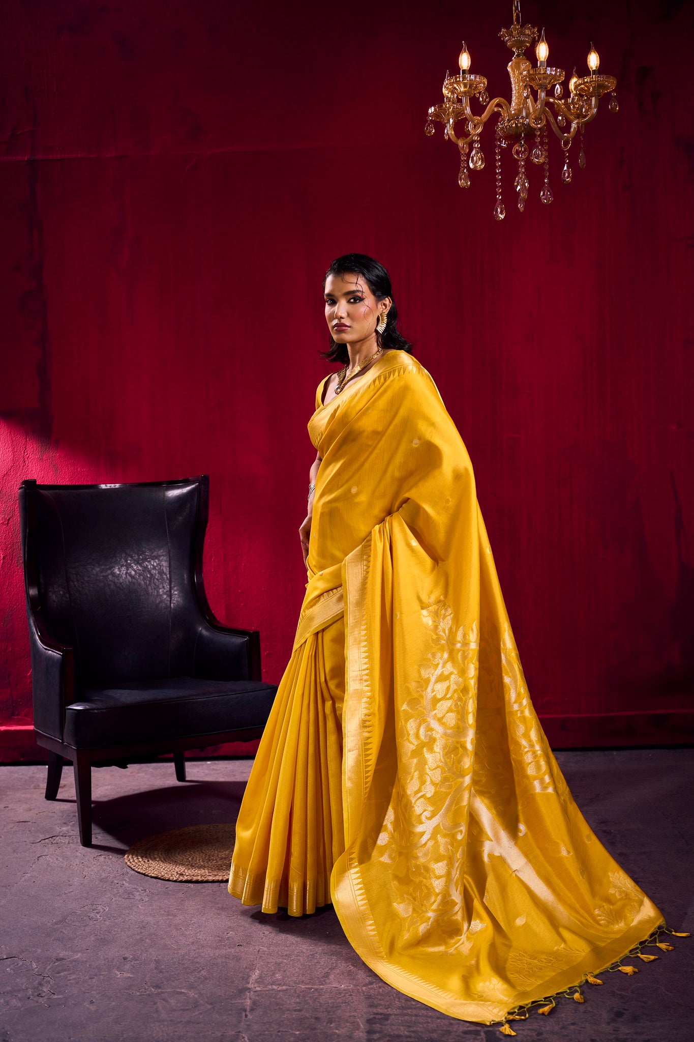 STORI Mustard Yellow Soft Silk Saree