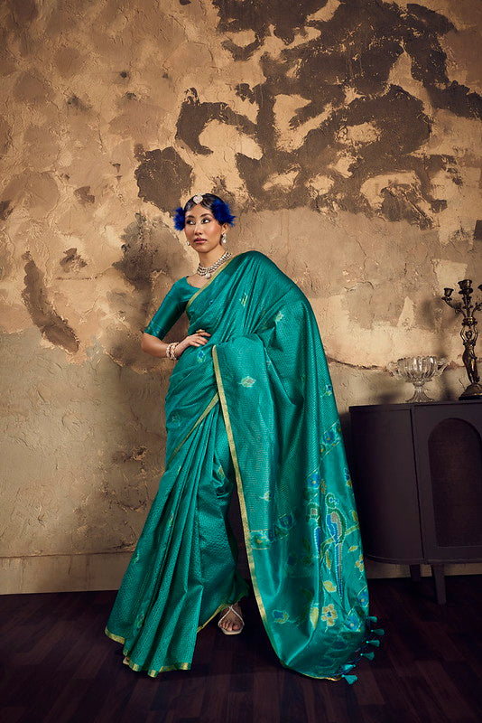 Teal Green Silk Saree With Patola Motifs