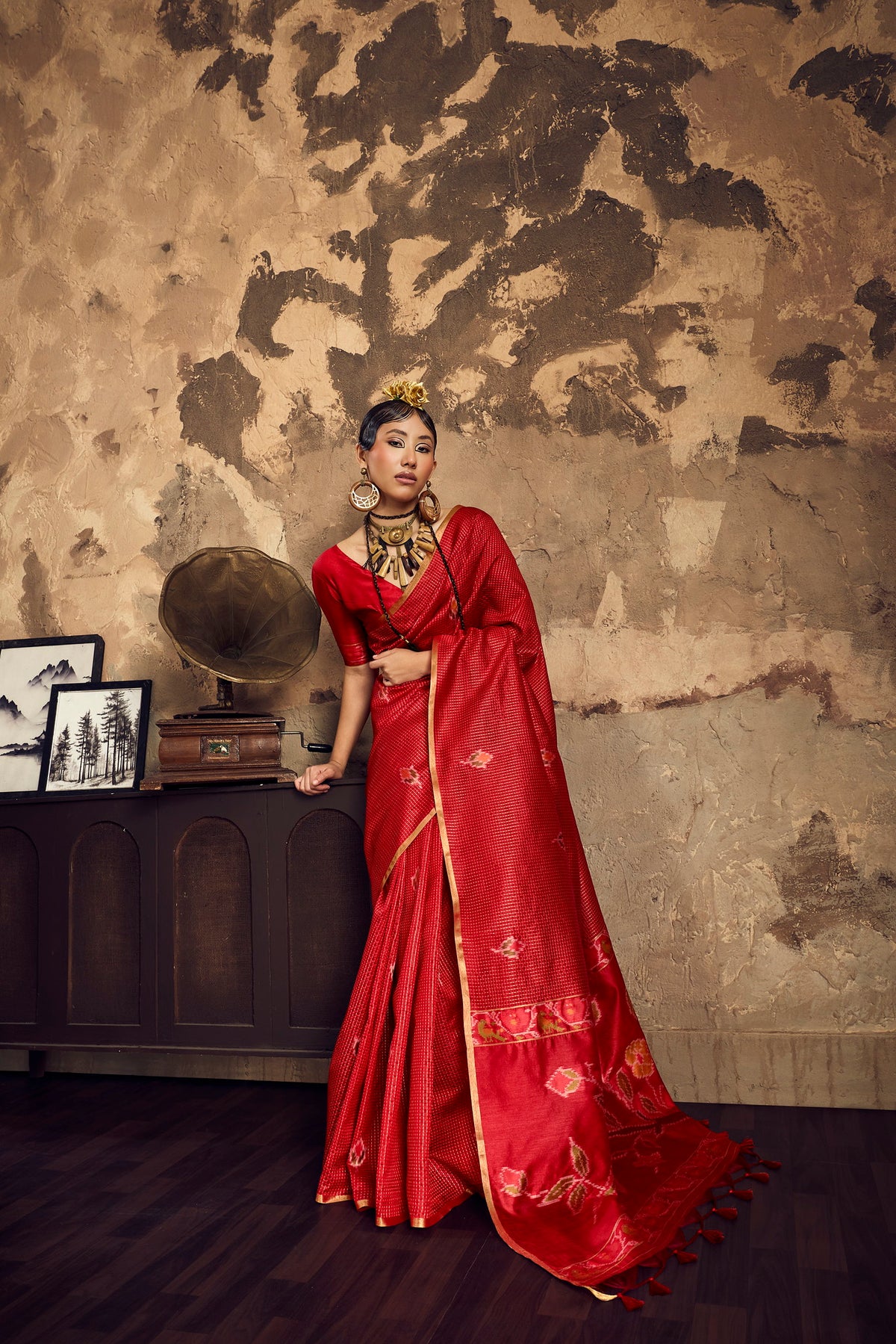 STORI Red Silk Saree With Patola Motifs