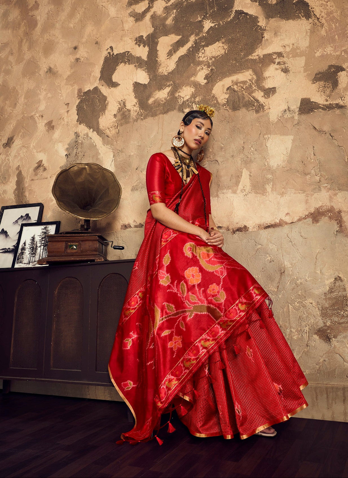 STORI Red Silk Saree With Patola Motifs