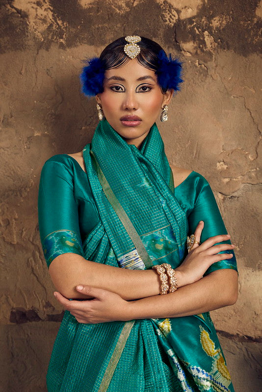 Teal Green Silk Saree With Patola Motifs