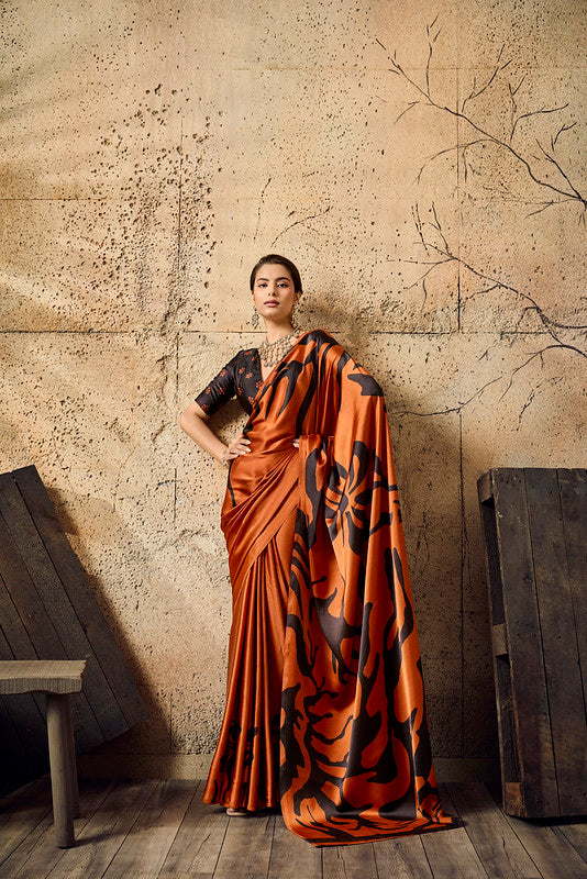 STORI Orange Ajrakh Printed Modal Satin Saree