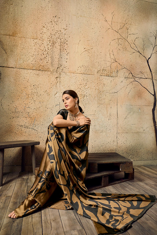 Brown Ajrakh Printed Modal Satin Saree