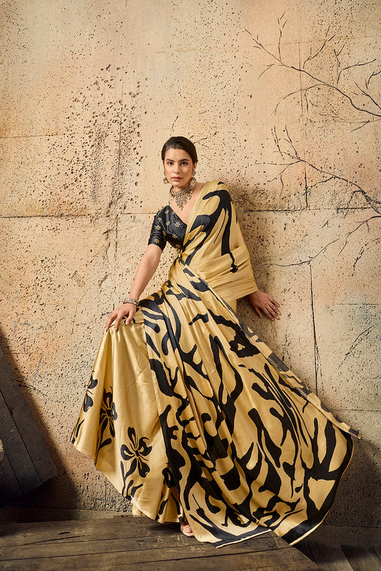 STORI Golden Ajrakh Printed Modal Satin Saree