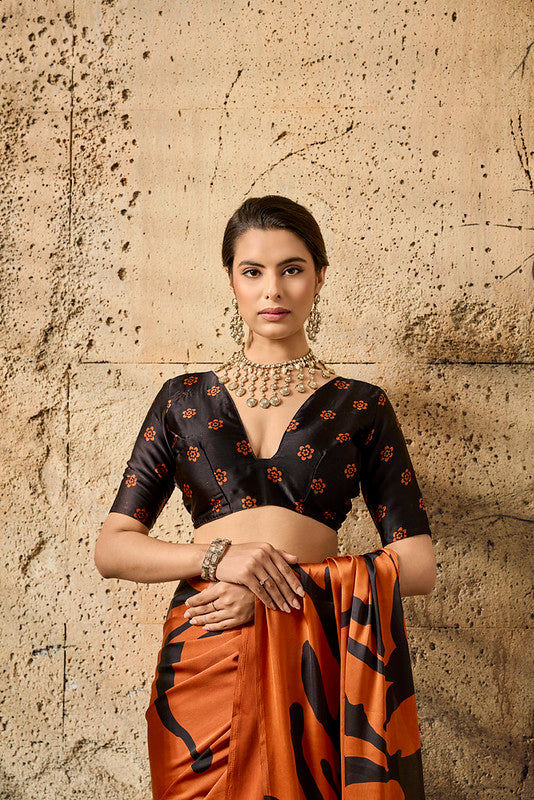 Orange Ajrakh Printed Modal Satin Saree