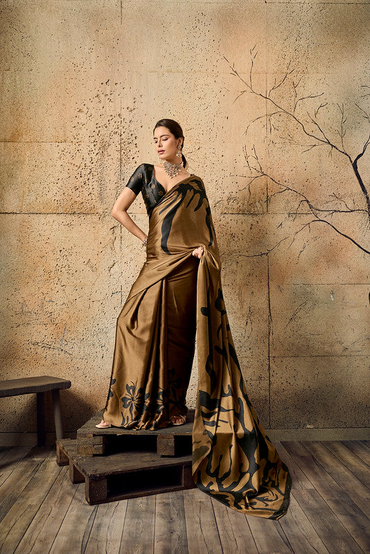 STORI Brown Ajrakh Printed Modal Satin Saree