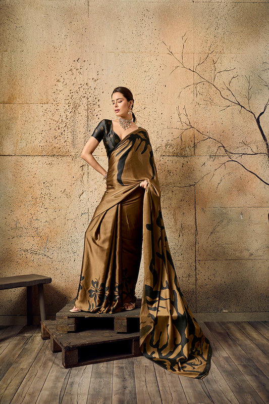 STORI Brown Ajrakh Printed Modal Satin Saree