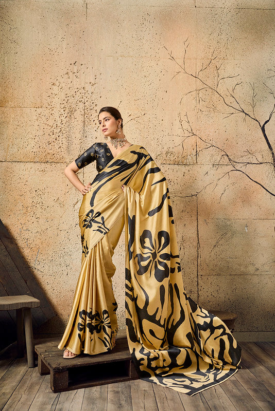STORI Golden Ajrakh Printed Modal Satin Saree