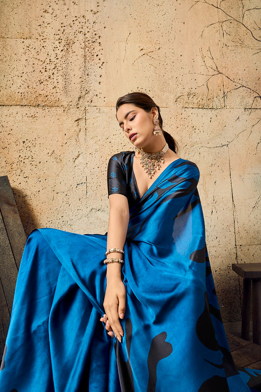 Blue Ajrakh Printed Modal Satin Saree