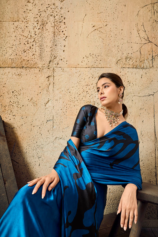 Blue Ajrakh Printed Modal Satin Saree
