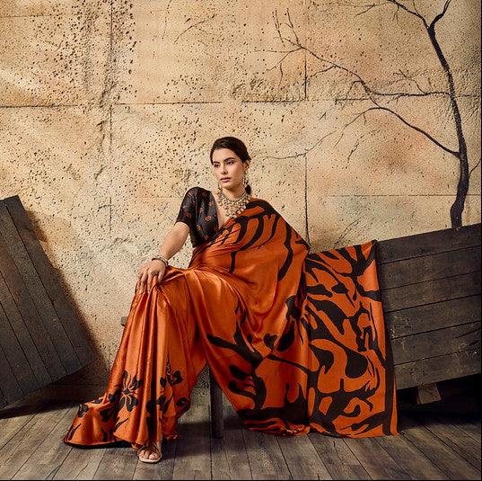Orange Ajrakh Printed Modal Satin Saree