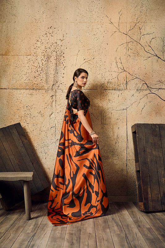Orange Ajrakh Printed Modal Satin Saree