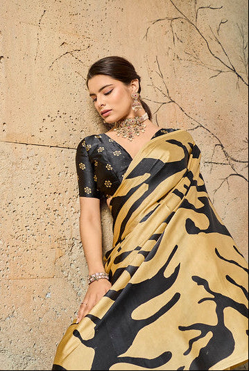STORI Golden Ajrakh Printed Modal Satin Saree