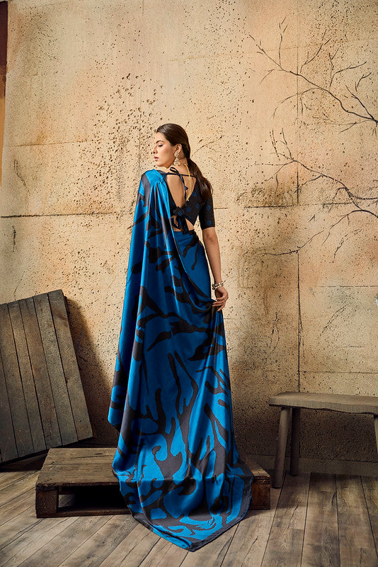 Blue Ajrakh Printed Modal Satin Saree