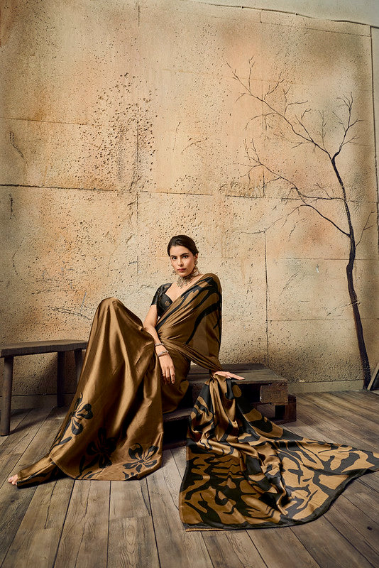 Brown Ajrakh Printed Modal Satin Saree