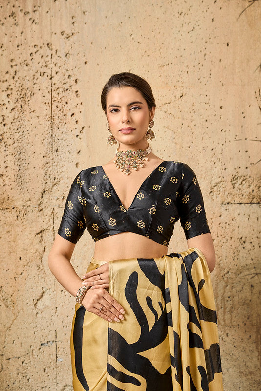 STORI Golden Ajrakh Printed Modal Satin Saree