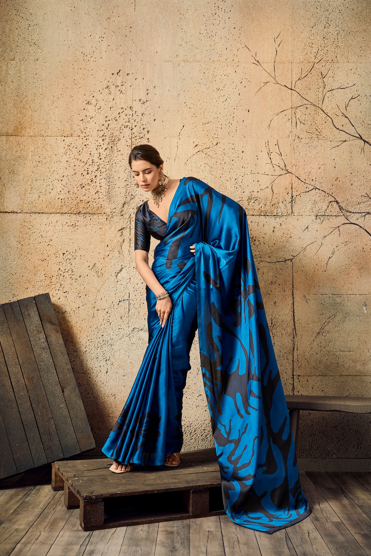 STORI Blue Ajrakh Printed Modal Satin Saree