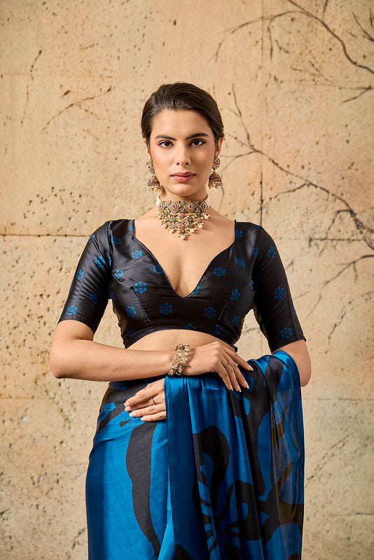 Blue Ajrakh Printed Modal Satin Saree