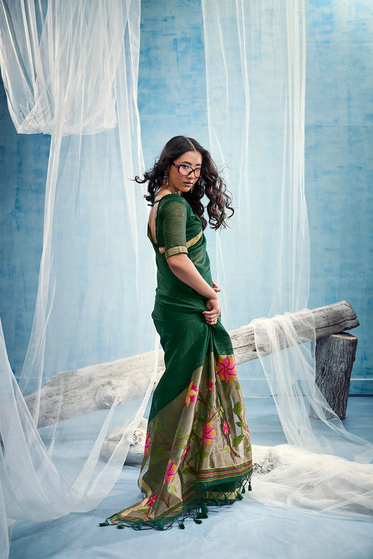 STORI Dark Green Munga Silk Saree